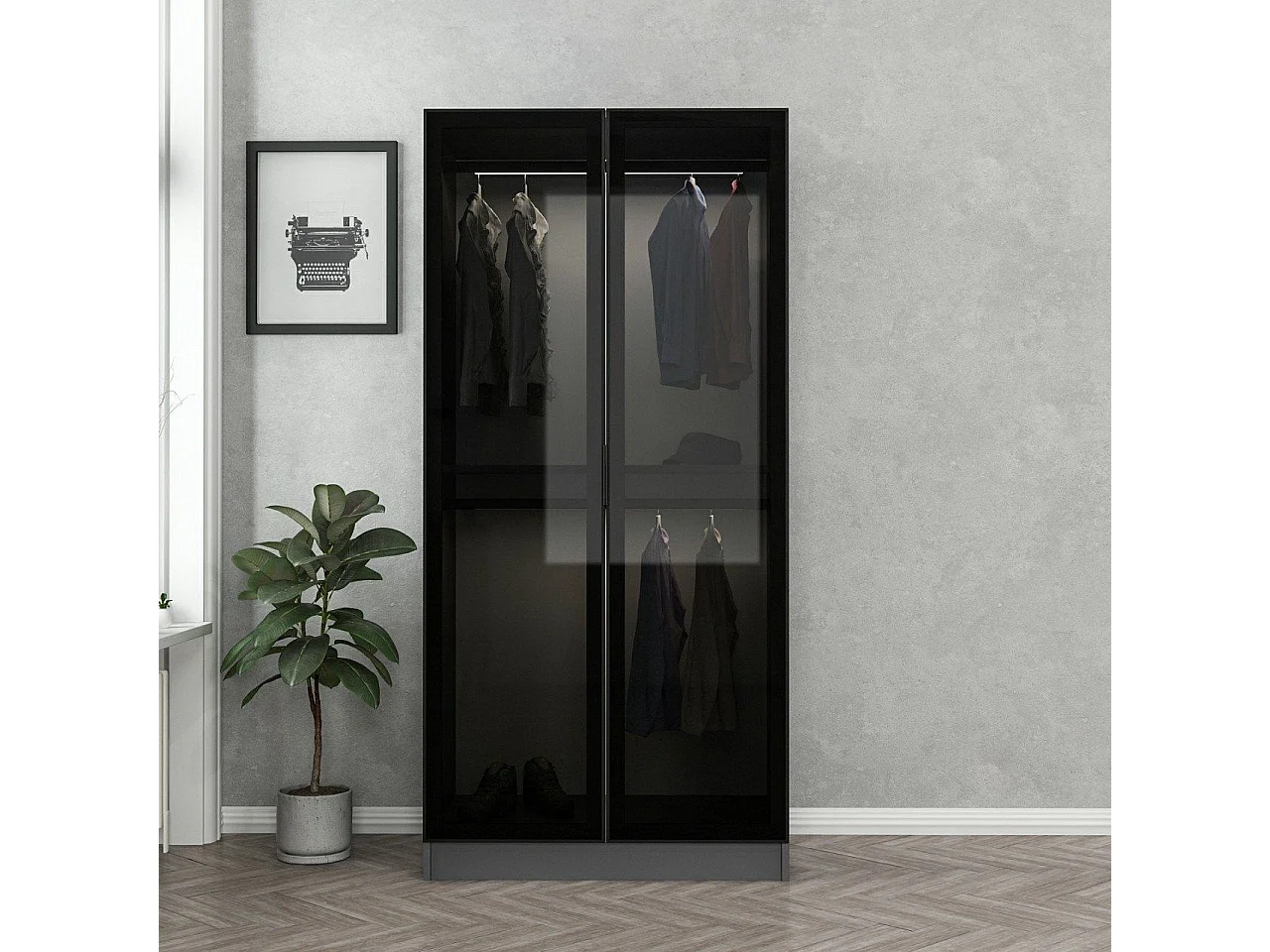 Guardaroba 2 Ante Moconesi, Appendiabiti, 90x210h cm Nero Antracite, Armadio Camera da Letto, un Ripiano, 2 Ante
