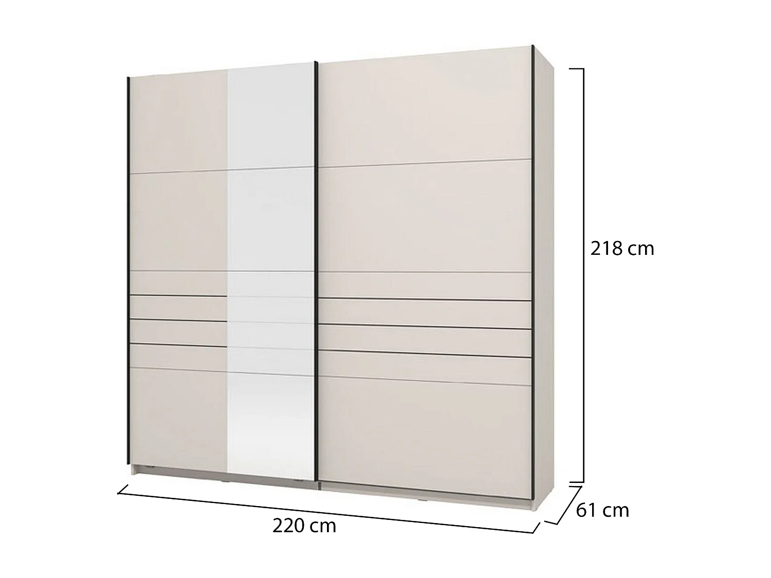 Großer, spartanischer Kleiderschrank, Garderobe, 220x218h cm Cremeweiß, Schlafzimmer-Schrank, 2 Regale, Schiebetür