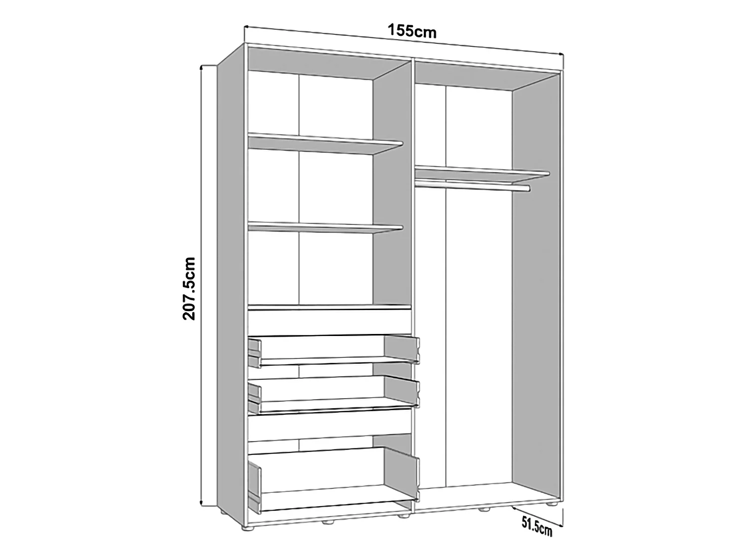 Guardaroba Grande Ushuaia, 3 Ripiani, 155x208h cm Nero Antracite, Armadio Camera da Letto, 3 Cassetti, Appendiabiti