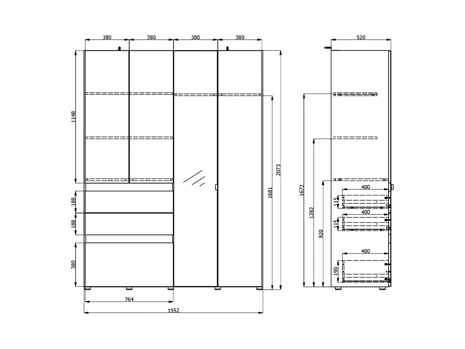 Guardaroba Grande Ushuaia, 3 Ripiani, 155x208h cm Nero Antracite, Armadio Camera da Letto, 3 Cassetti, Appendiabiti