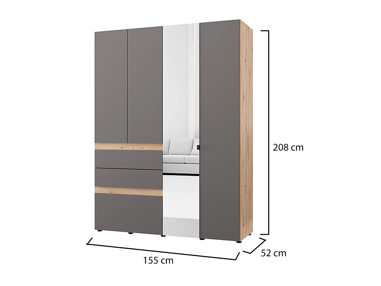 Guardaroba Grande Ushuaia, 3 Ripiani, 155x208h cm Nero Antracite, Armadio Camera da Letto, 3 Cassetti, Appendiabiti