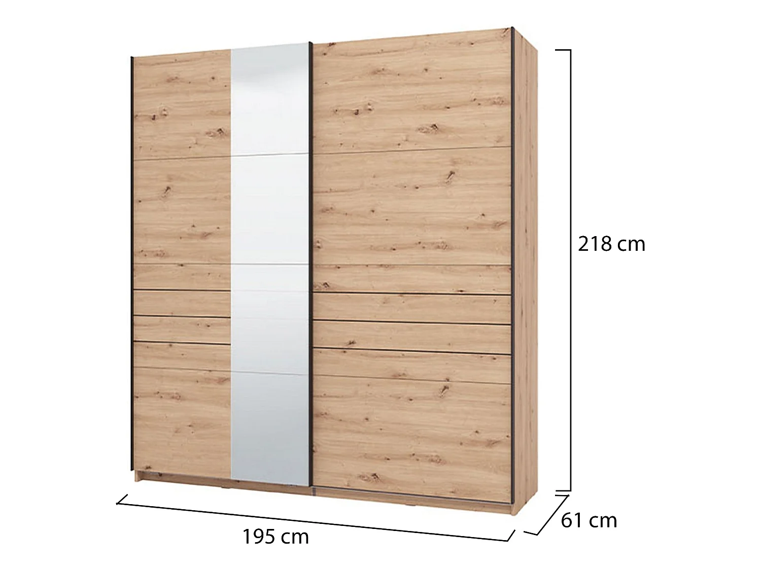 Großer Kleiderschrank Siri, Garderobe, 195x218h cm Braun Eiche Astknoten, Schlafzimmer-Schrank, 2 Böden, Schiebetüren