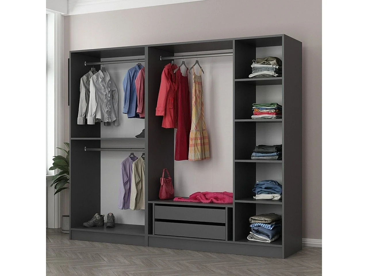Guardaroba Grande Sinibalda, Appendiabiti, 225x210h cm Nero Antracite, Armadio Camera da Letto, 6 Ripiani, 5 Ante