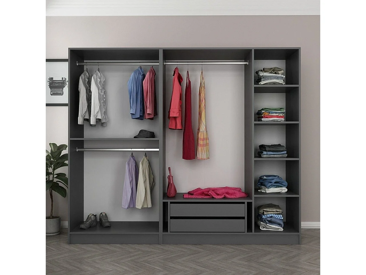 Guardaroba Grande Sinibalda, Appendiabiti, 225x210h cm Nero Antracite, Armadio Camera da Letto, 6 Ripiani, 5 Ante