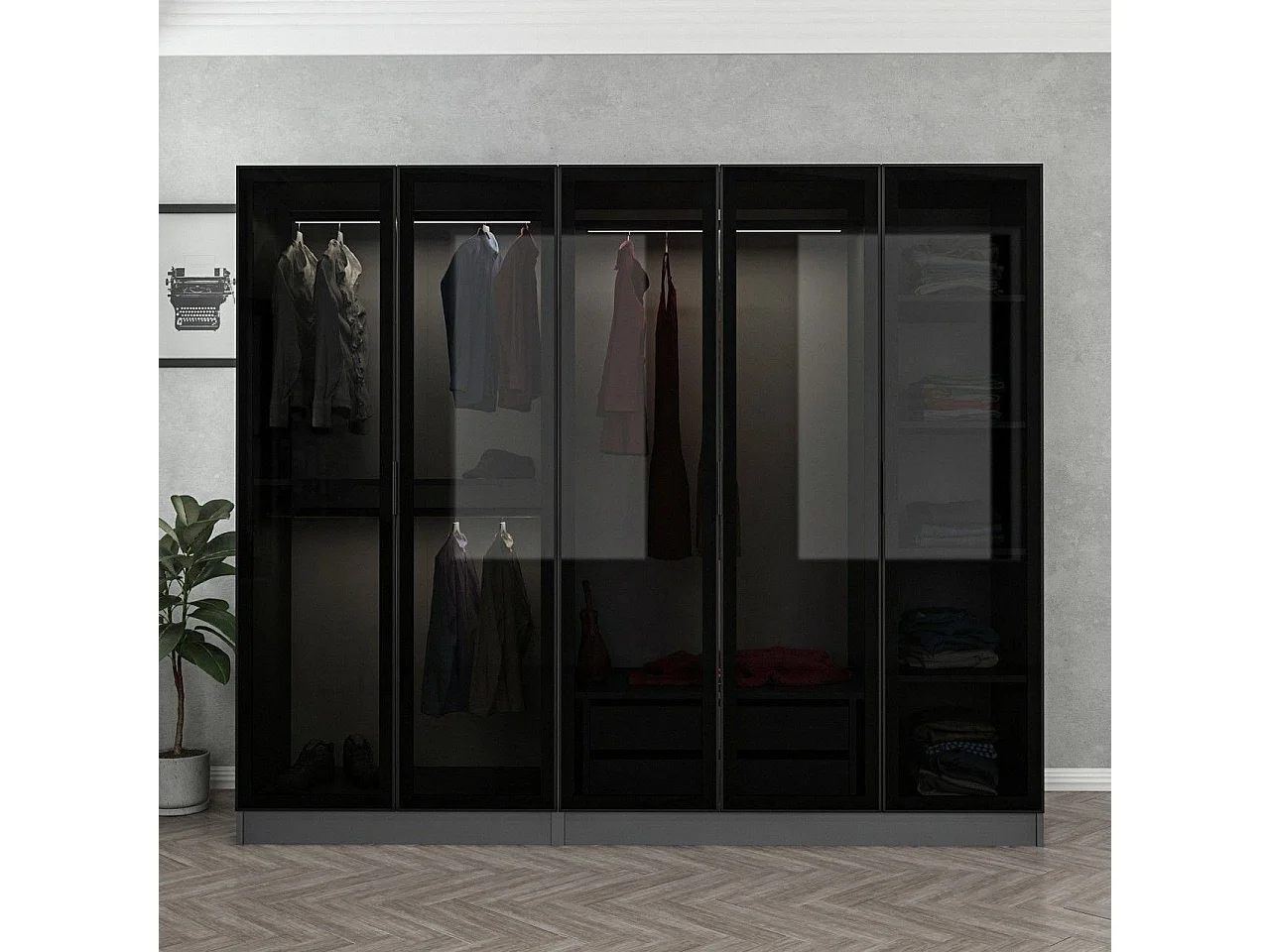 Guardaroba Grande Sinibalda, Appendiabiti, 225x210h cm Nero Antracite, Armadio Camera da Letto, 6 Ripiani, 5 Ante