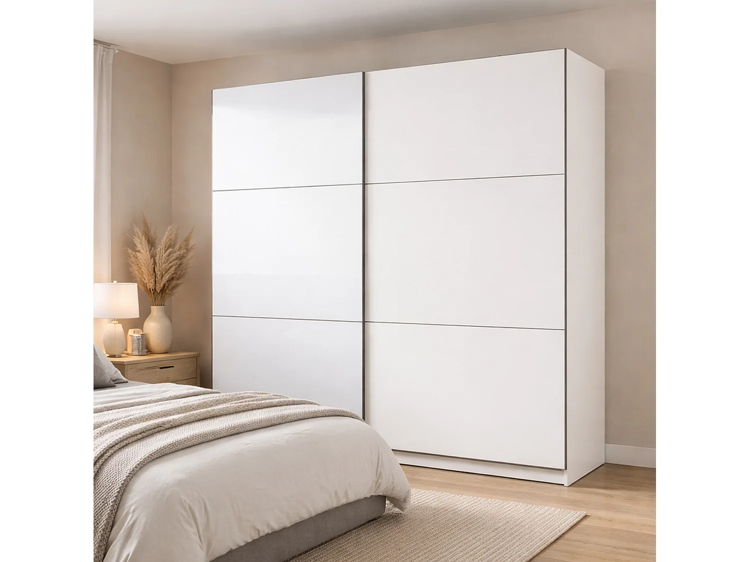 Guardaroba Grande Soncino, Appendiabiti, 217x210h cm Bianco Opaco, Armadio Camera da Letto, 8 Ripiani, Apertura Scorrevole