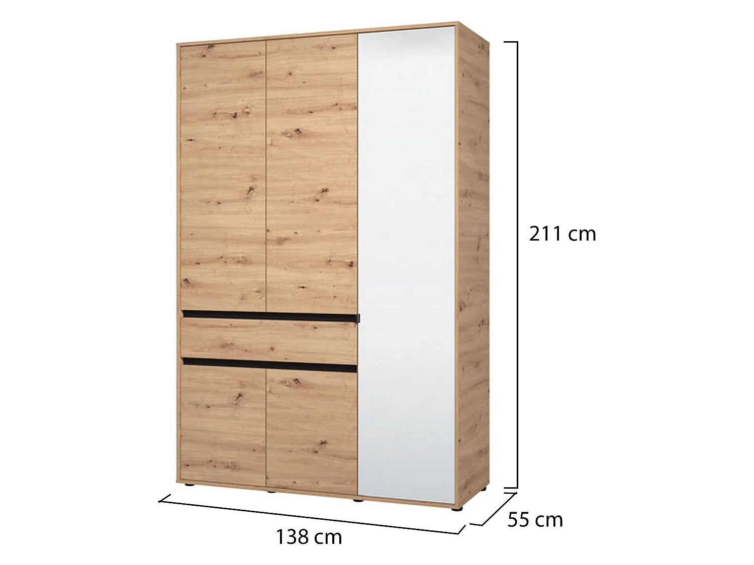 Kleiderschrank 3 Türen Ilbono, mit Kleiderstange, 138x55 cm, Braun Eiche mit Knoten, Schlafzimmerschrank, 1 Schublade, 5 Einlegeböden