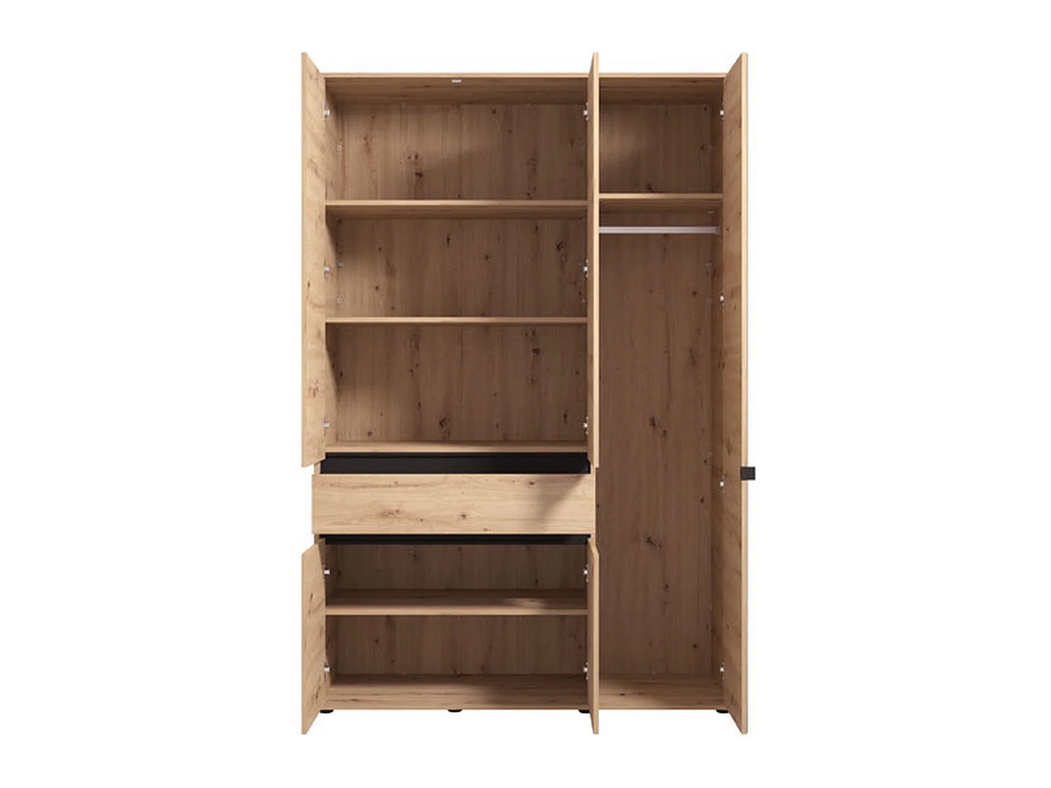 Kleiderschrank 3 Türen Ilbono, mit Kleiderstange, 138x55 cm, Braun Eiche mit Knoten, Schlafzimmerschrank, 1 Schublade, 5 Einlegeböden