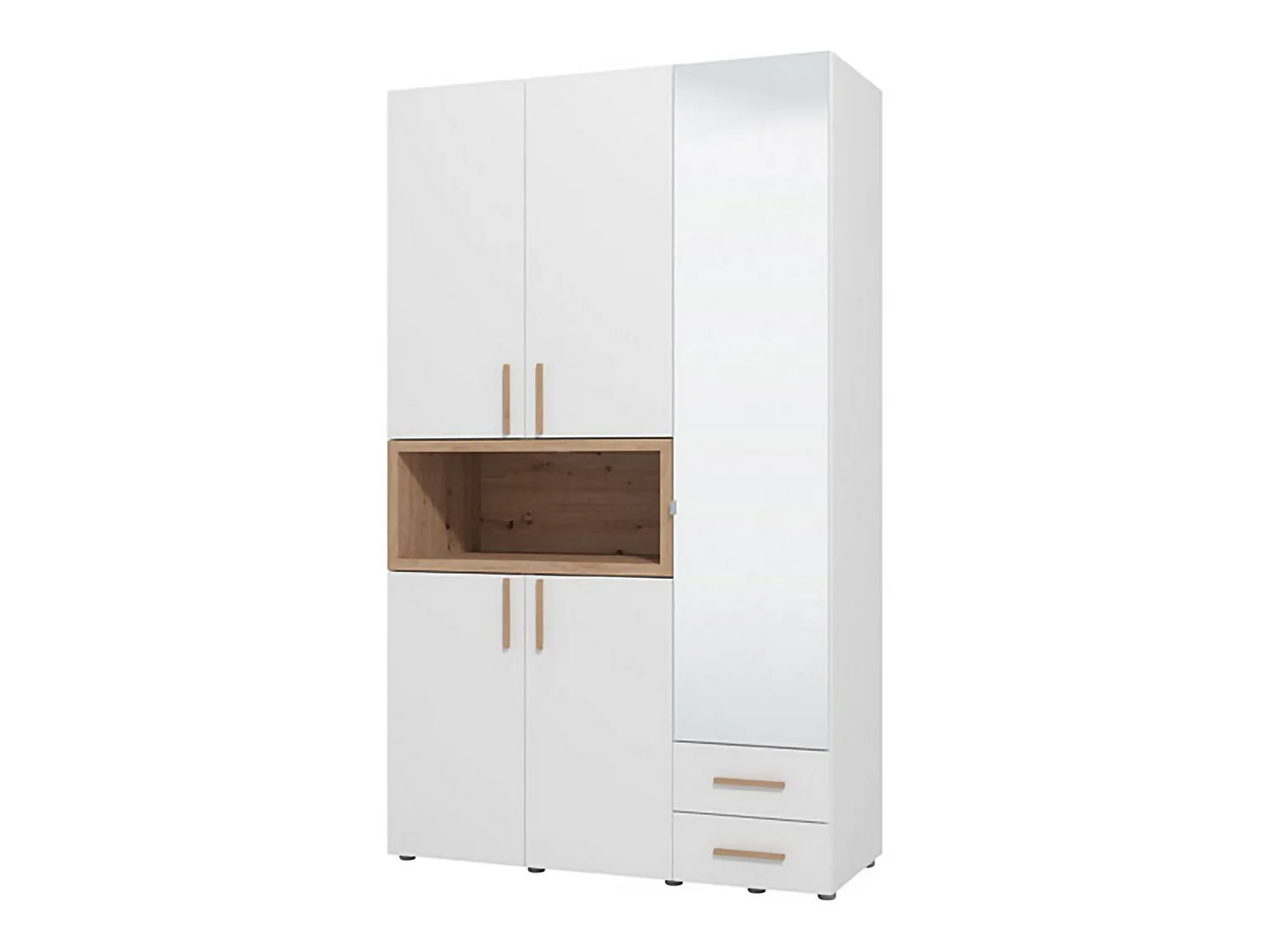 Kleiderschrank 3 Türen mit Ablagen, Kleiderstange, 135x56 cm Weiß, Schlafzimmerschrank, 2 Schubladen, 6 Einlegeböden