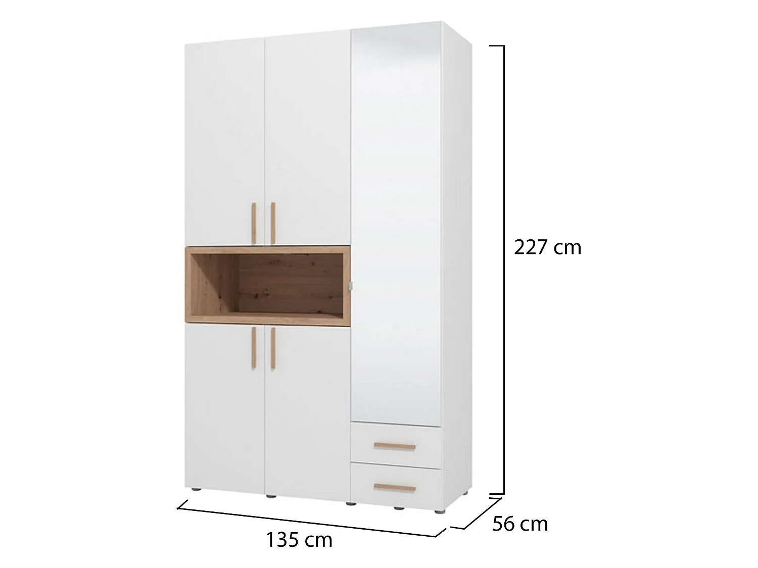 Kleiderschrank 3 Türen mit Ablagen, Kleiderstange, 135x56 cm Weiß, Schlafzimmerschrank, 2 Schubladen, 6 Einlegeböden