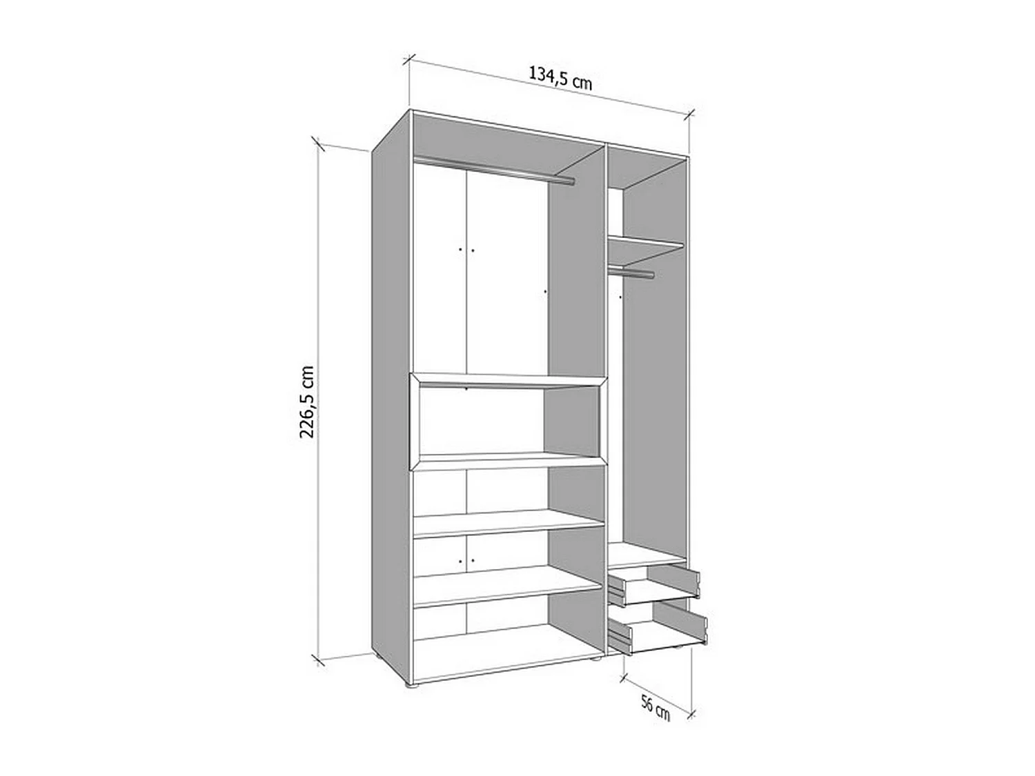Kleiderschrank 3 Türen mit Ablagen, Kleiderstange, 135x56 cm Weiß, Schlafzimmerschrank, 2 Schubladen, 6 Einlegeböden