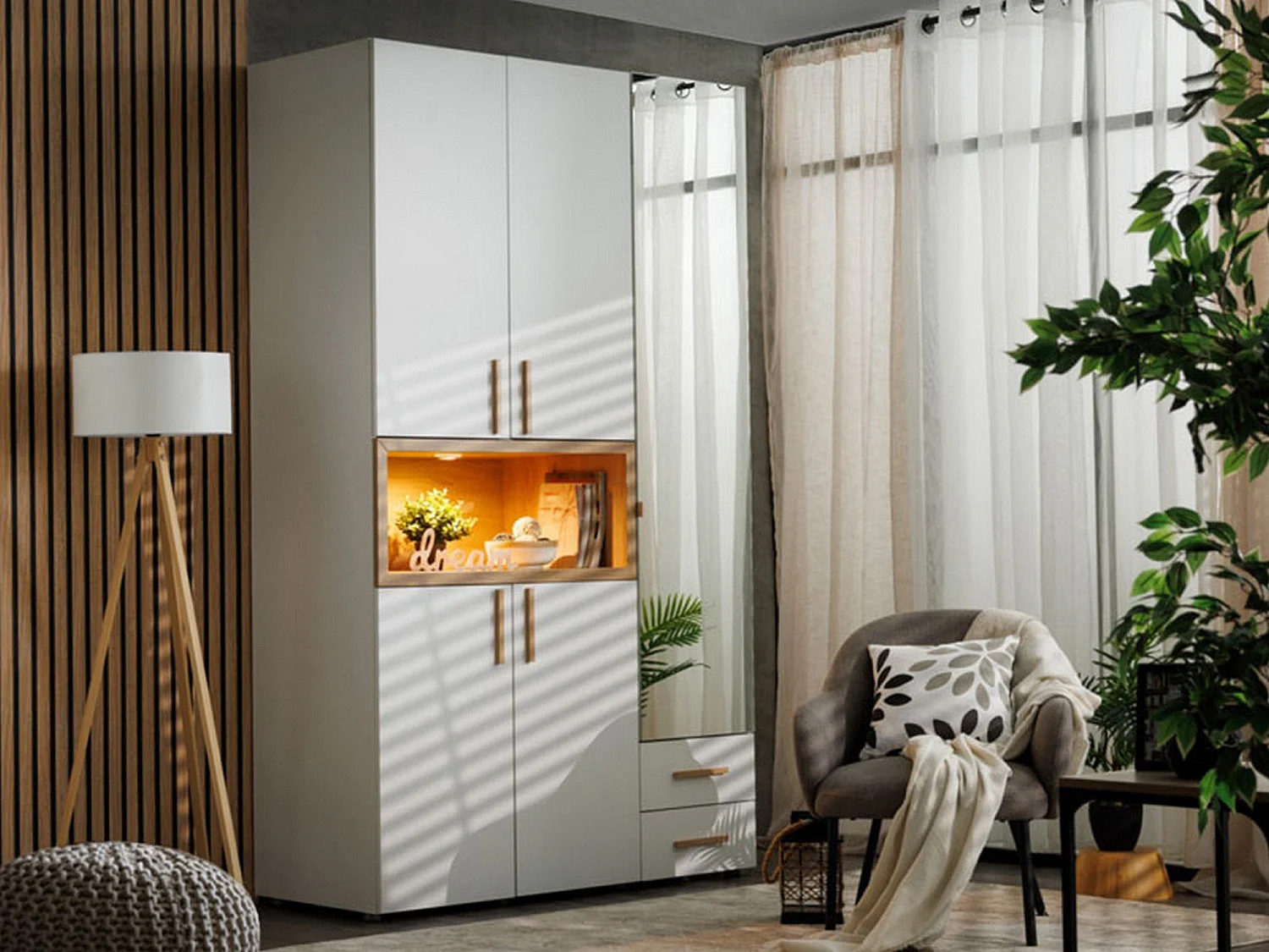 Kleiderschrank 3 Türen mit Ablagen, Kleiderstange, 135x56 cm Weiß, Schlafzimmerschrank, 2 Schubladen, 6 Einlegeböden