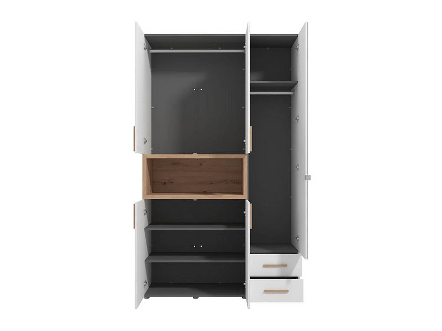Kleiderschrank 3 Türen mit Ablagen, Kleiderstange, 135x56 cm Weiß, Schlafzimmerschrank, 2 Schubladen, 6 Einlegeböden