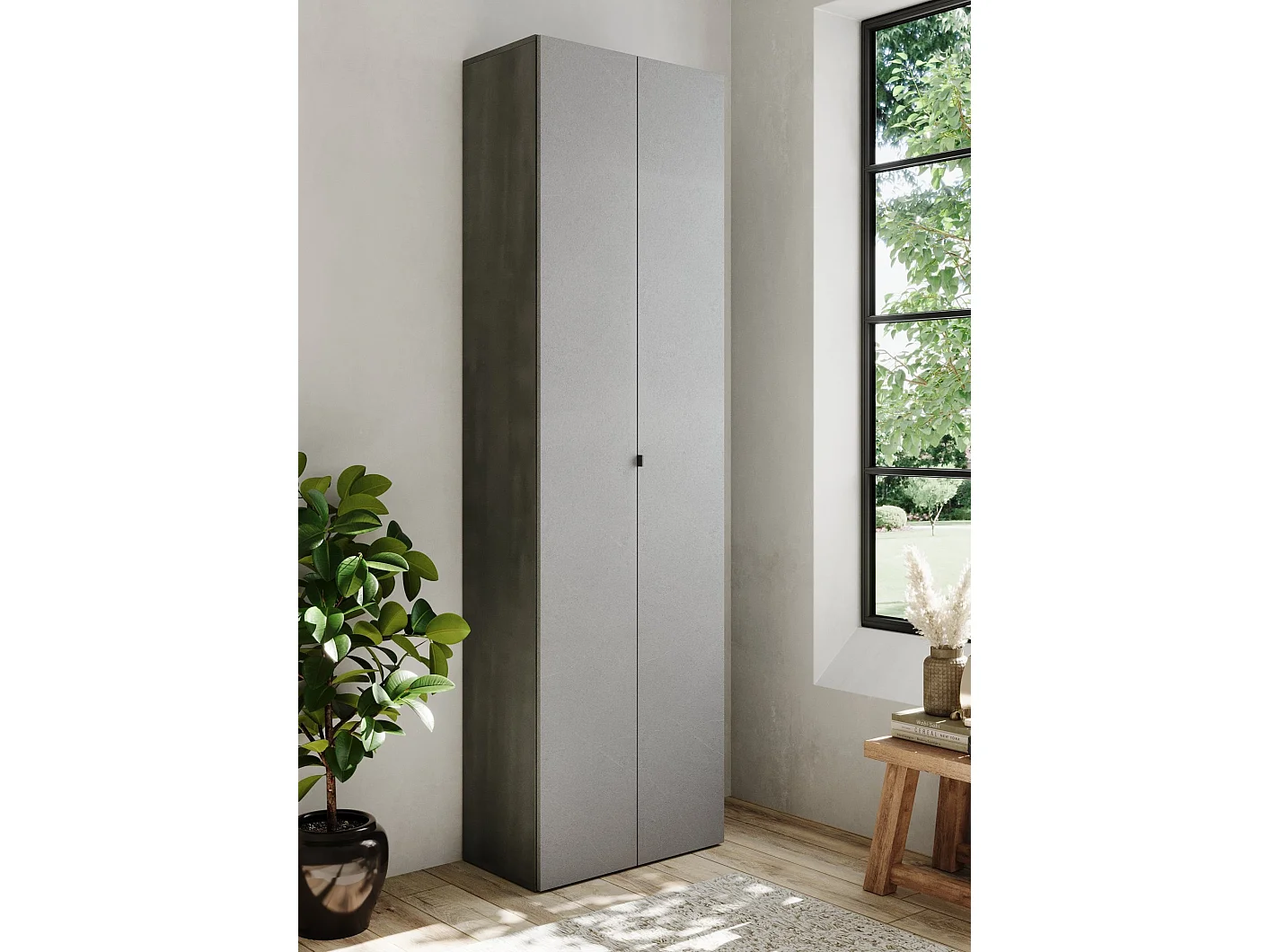 Armadio Multiuso 2 Ante Ruggiero, 10 Ripiani Made in Italy, 63x212h cm Grigio Cemento, Apertura Maniglia, 2 Ante