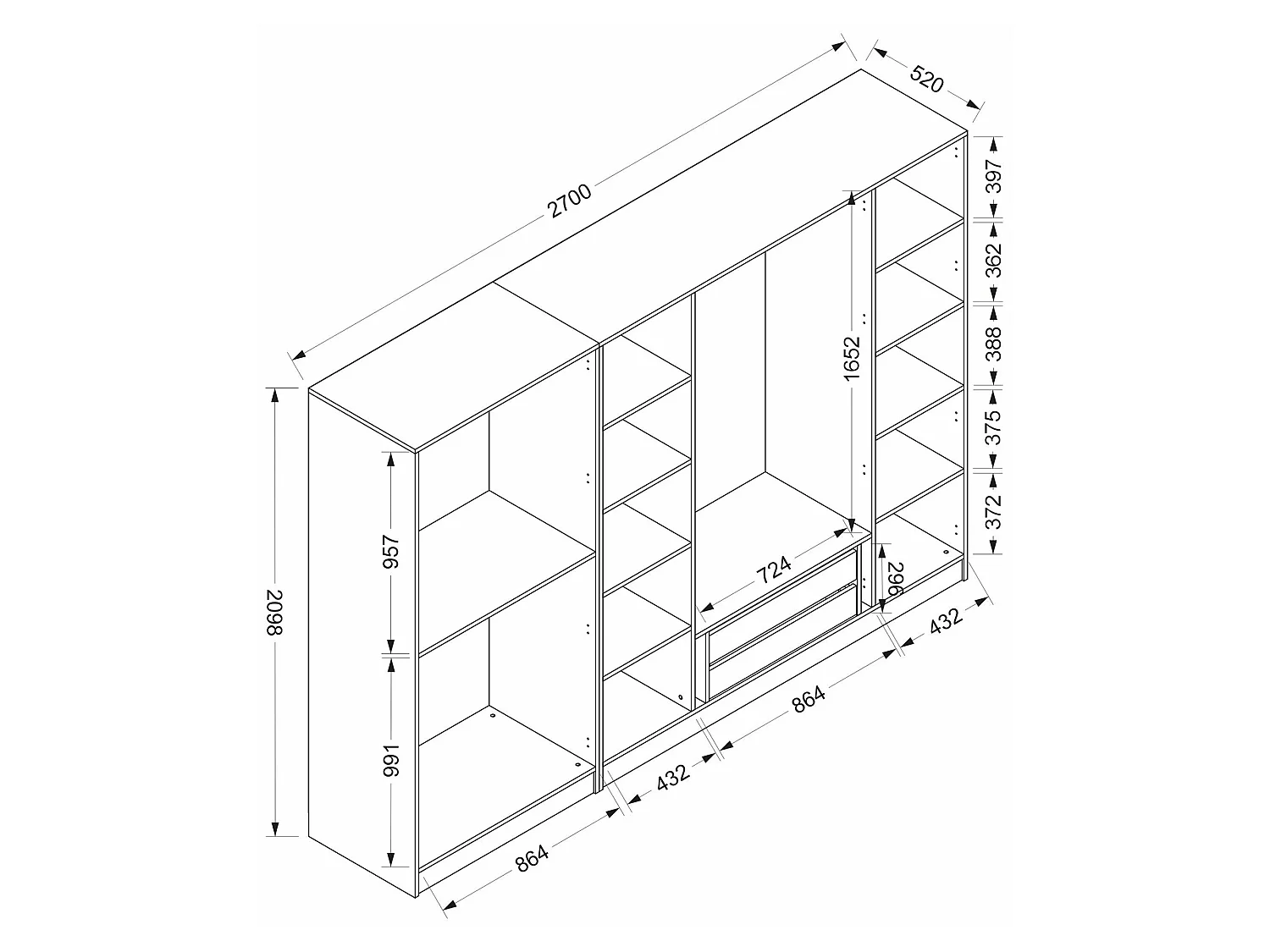 Guardaroba Grande Nogaro, Appendiabiti, 270x210h cm Nero Antracite, Armadio Camera da Letto, 10 Ripiani, 6 Ante