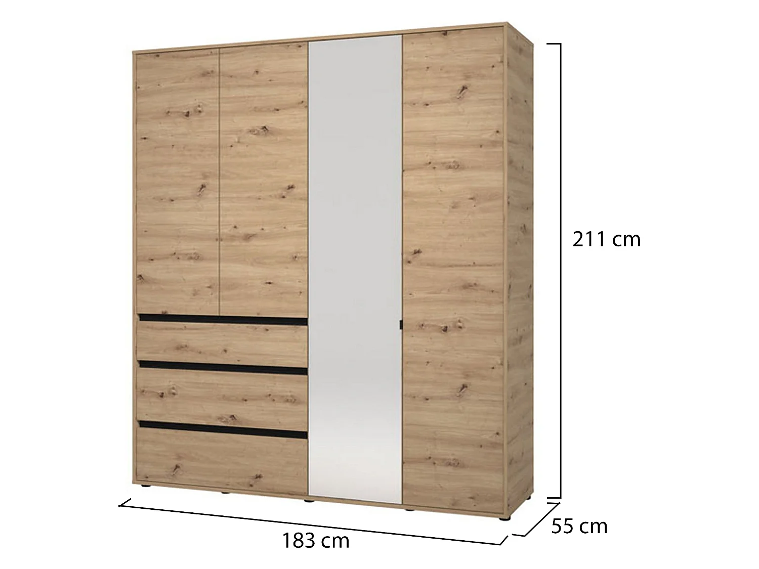 Großer Kleiderschrank Rifreddoo, 4 Einlegeböden, 183x211h cm, Braun Eiche Astknoten, Schlafzimmerschrank, 3 Schubladen, Kleiderstange