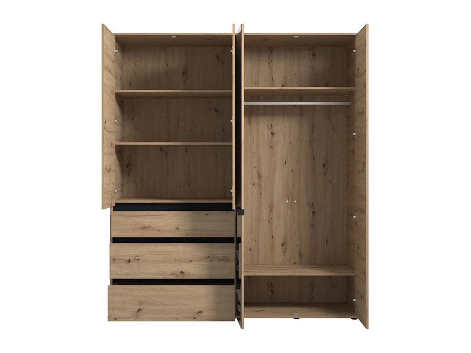Großer Kleiderschrank Rifreddoo, 4 Einlegeböden, 183x211h cm, Braun Eiche Astknoten, Schlafzimmerschrank, 3 Schubladen, Kleiderstange