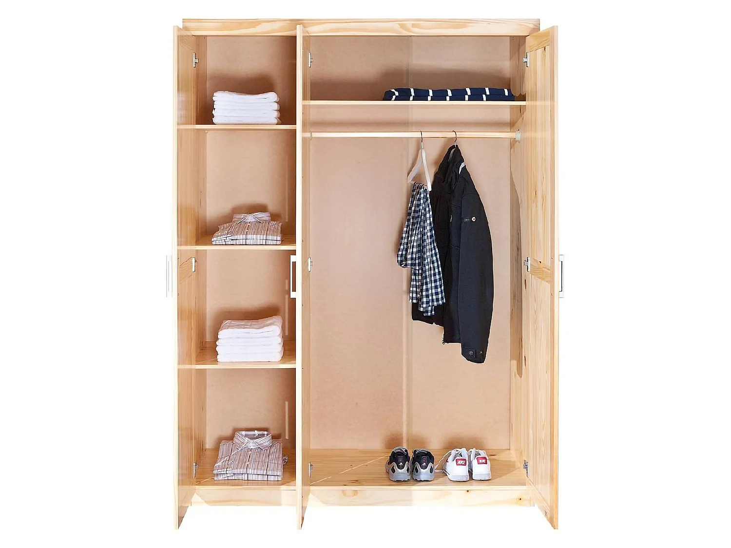 3-deurs kledingkast Tubre, met kledingroede, 140x55 cm, bruin eiken, slaapkamerkast, 4 planken, 3 deuren