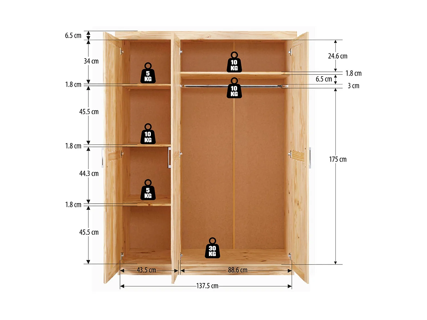 3-deurs kledingkast Tubre, met kledingroede, 140x55 cm, bruin eiken, slaapkamerkast, 4 planken, 3 deuren