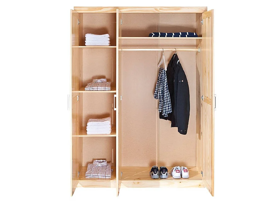 3-deurs kledingkast Tubre, met kledingroede, 140x55 cm, bruin eiken, slaapkamerkast, 4 planken, 3 deuren