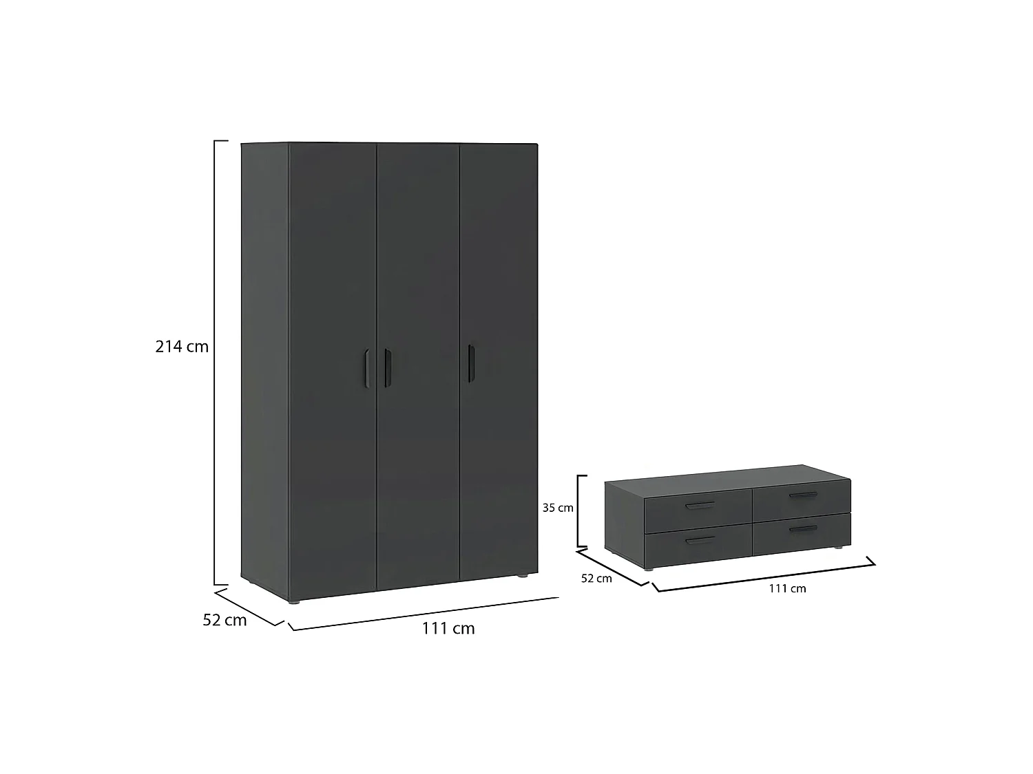 Armoire 3 Portes Randazzo, Portemanteau, 111x52 cm Noir Anthracite, Armoire Chambre, 4 Tiroirs, 4 Étagères