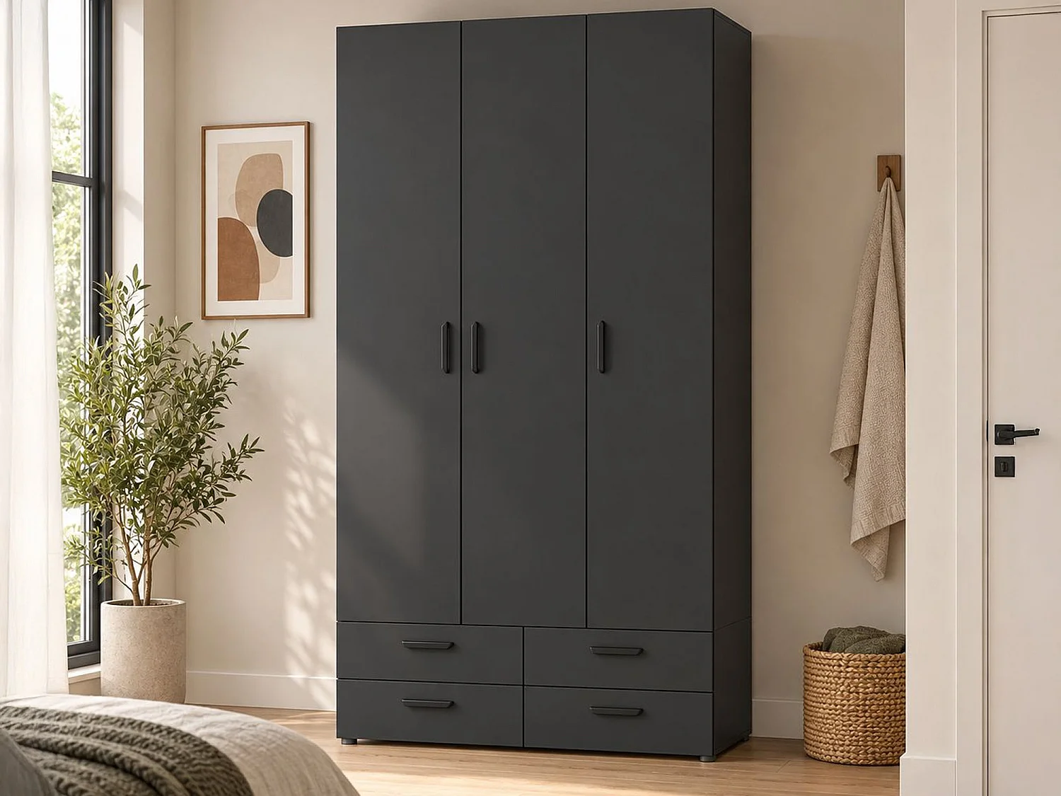 Armoire 3 Portes Randazzo, Portemanteau, 111x52 cm Noir Anthracite, Armoire Chambre, 4 Tiroirs, 4 Étagères