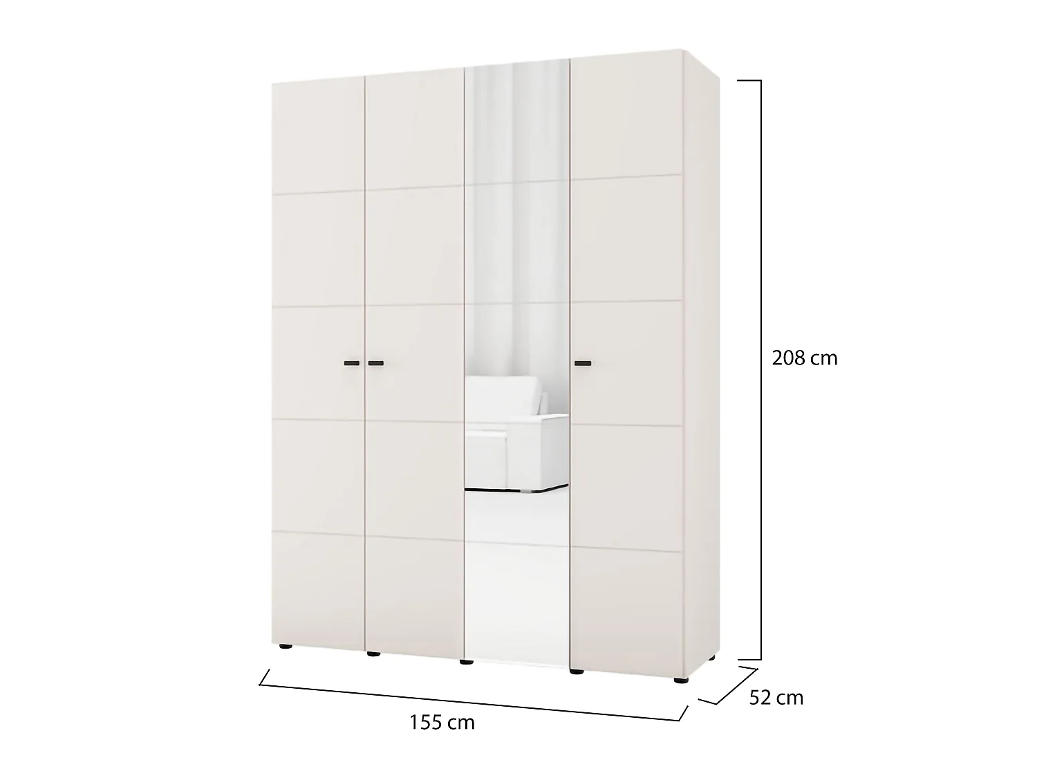 Großer Kleiderschrank Ifrane, Garderobe, 155x208h cm Cremeweiß, Schlafzimmer Schrank, 4 Regale, 6 Fächer