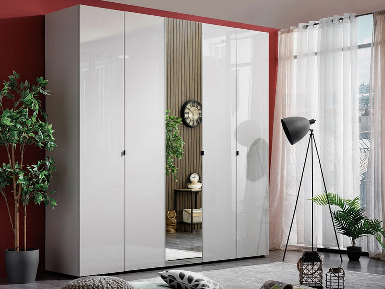 Großer Schrank Quarrata, Kleiderständer, 224x227h cm Cremeweiß, Schlafzimmer Schrank, 8 Regale, 12 Fächer