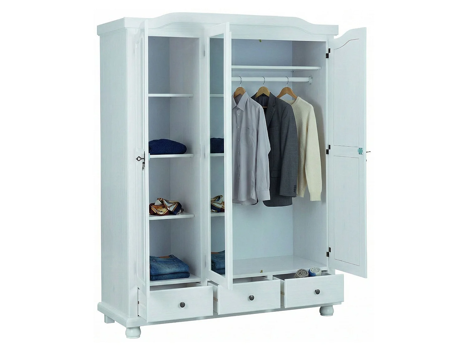Guardaroba 3 Ante Somma, Appendiabiti, 150x56 cm Bianco, Armadio Camera da Letto, 3 Cassetti, 4 Ripiani
