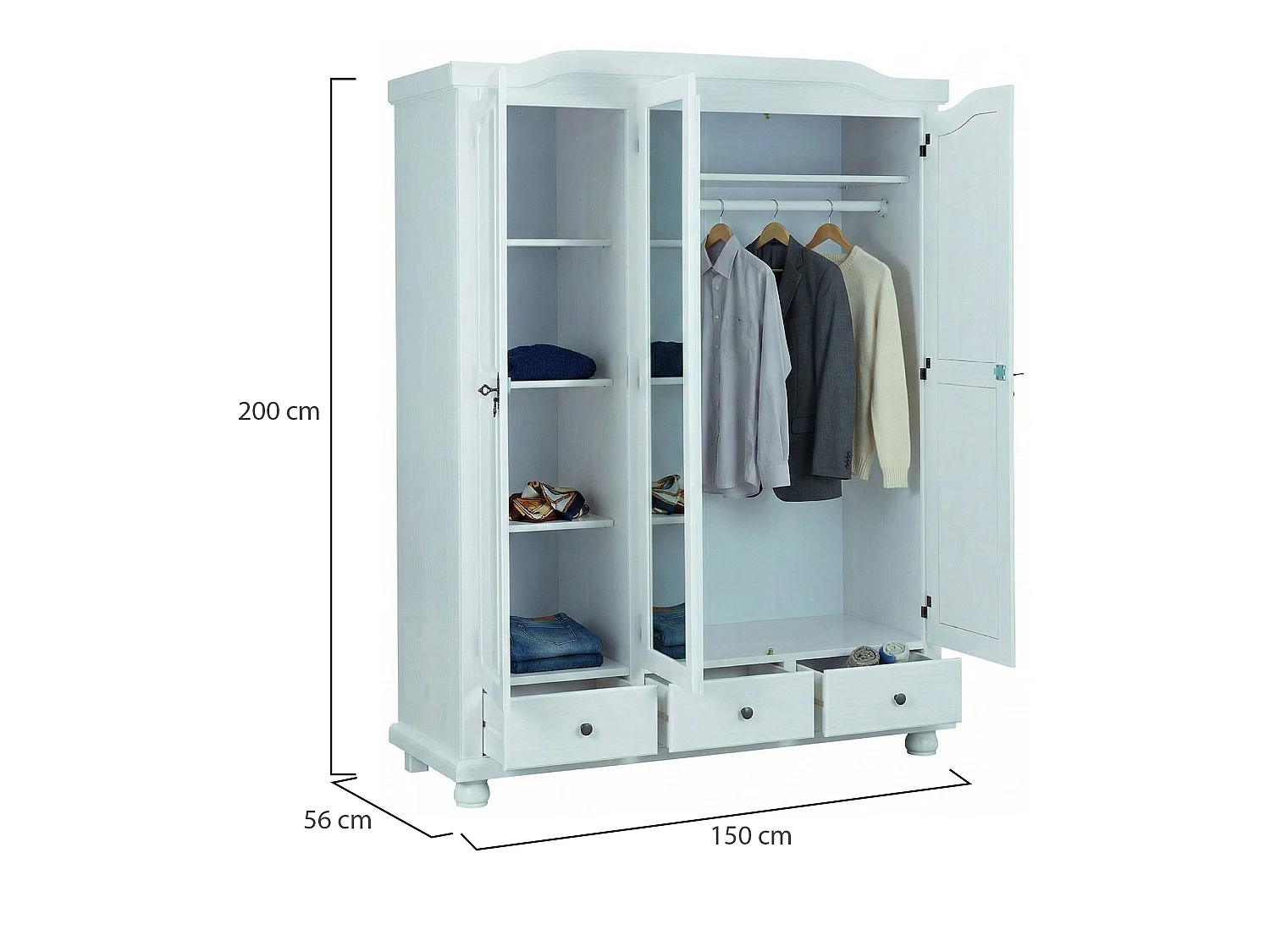 Guardaroba 3 Ante Somma, Appendiabiti, 150x56 cm Bianco, Armadio Camera da Letto, 3 Cassetti, 4 Ripiani