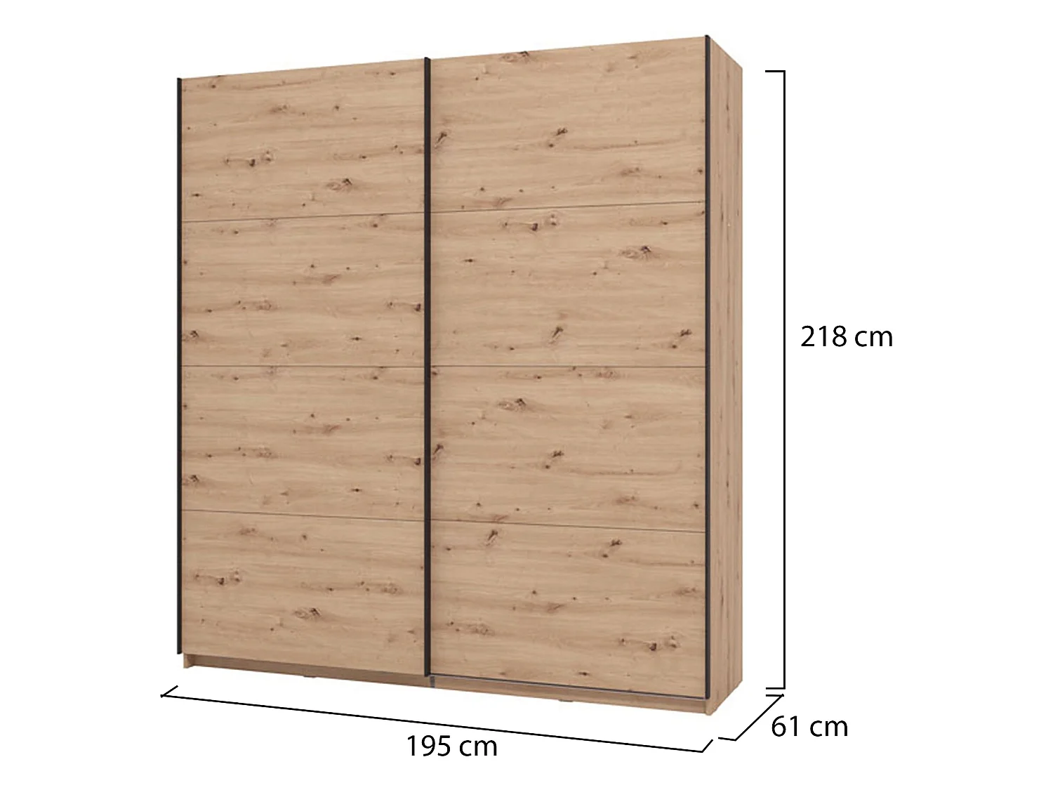 Großer Kleiderschrank Cariano, Garderobe, 195x218 cm, Eiche Braun, Schlafzimmer, 2 Regale, Schiebetüren