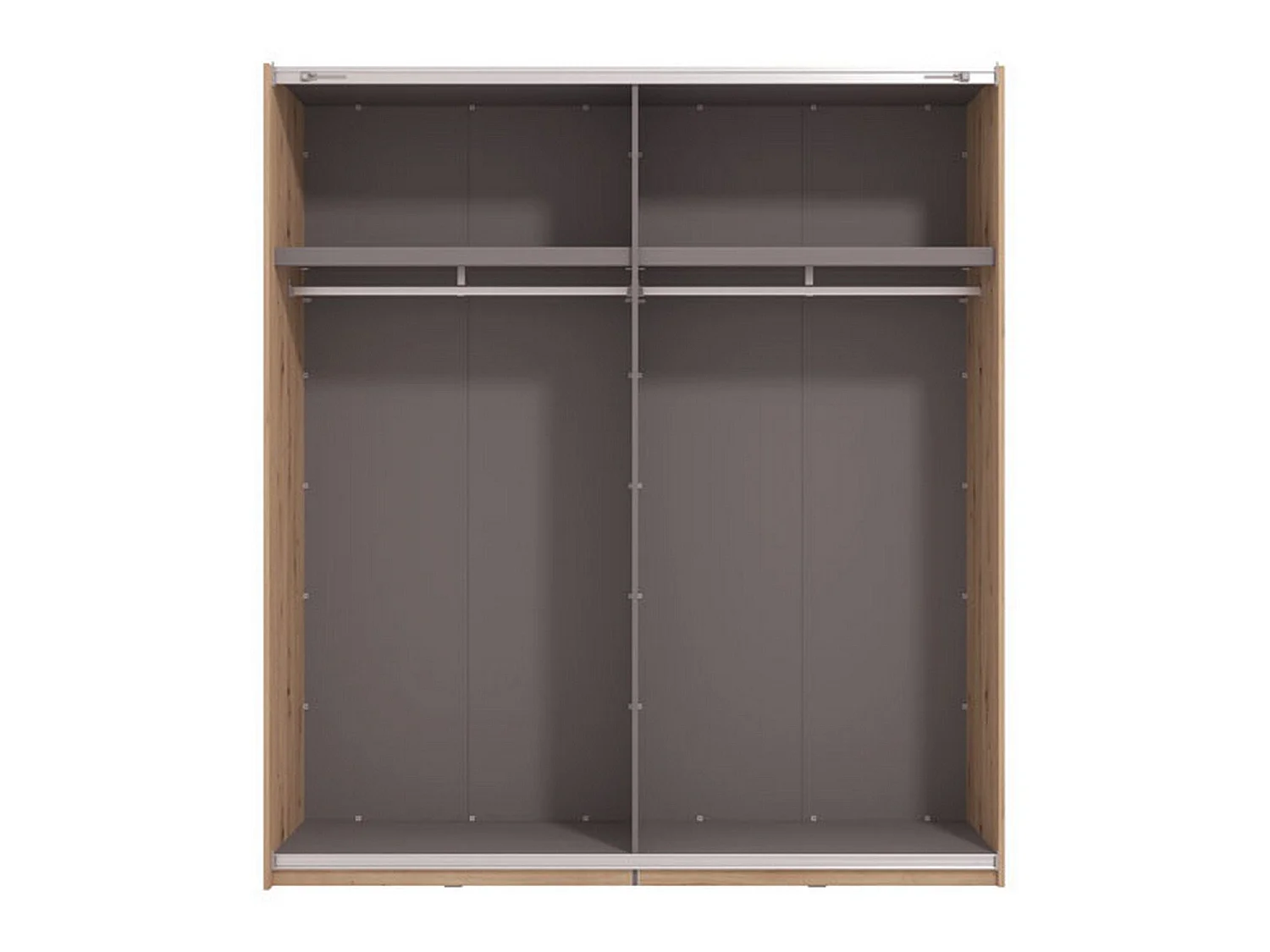 Großer Kleiderschrank Cariano, Garderobe, 195x218 cm, Eiche Braun, Schlafzimmer, 2 Regale, Schiebetüren