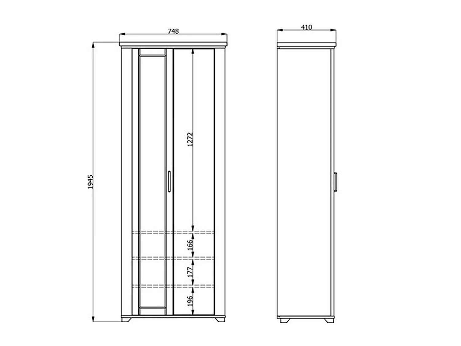 Vittuone Kleiderschrank 2 Türen, Garderobe, 75x195h cm Weiß, Schlafzimmer Schrank, 3 Regalböden, 4 Fächer