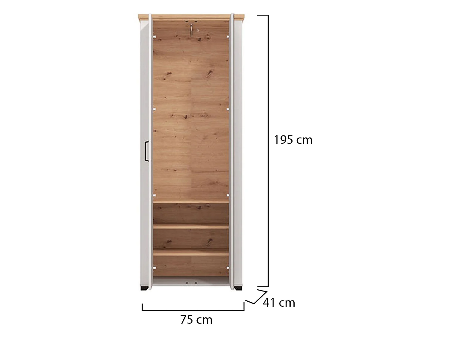 Vittuone Kleiderschrank 2 Türen, Garderobe, 75x195h cm Weiß, Schlafzimmer Schrank, 3 Regalböden, 4 Fächer