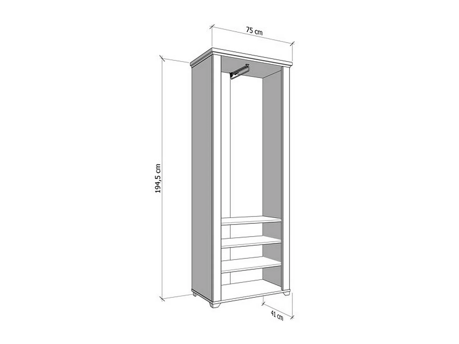Vittuone Kleiderschrank 2 Türen, Garderobe, 75x195h cm Weiß, Schlafzimmer Schrank, 3 Regalböden, 4 Fächer