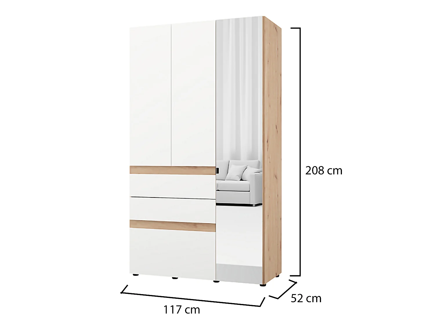 Guardaroba 3 Ante Zuccare, Appendiabiti, 117x52 cm Bianco Opaco, Armadio Camera da Letto, 3 Cassetti, 4 Ripiani