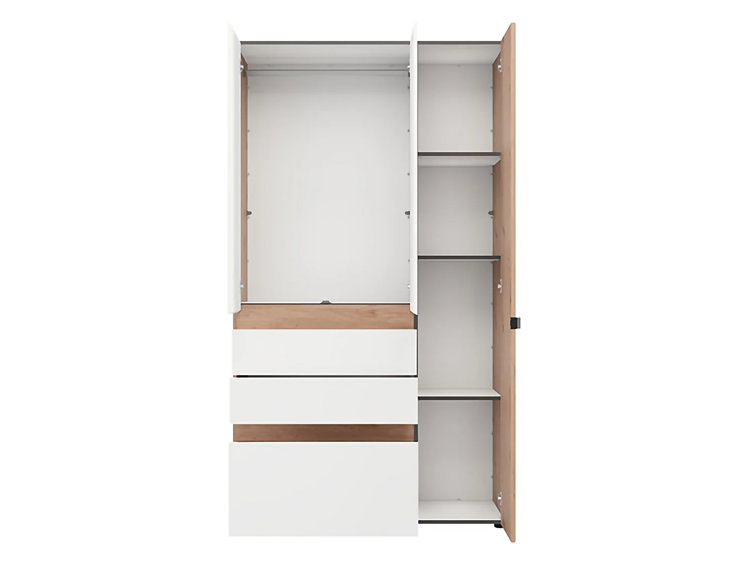 Guardaroba 3 Ante Zuccare, Appendiabiti, 117x52 cm Bianco Opaco, Armadio Camera da Letto, 3 Cassetti, 4 Ripiani