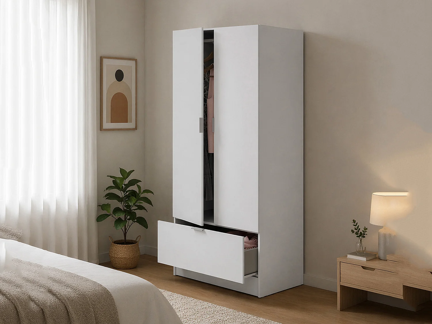 Penderie 2 Portes Budoia, Porte-manteaux, 51x170h cm Blanc, Armoire Chambre