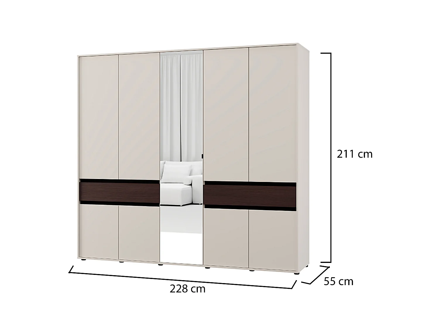 Großes Garderobe Ubud, 2 Schubladen, 228x211h cm Cremeweiß, Schlafzimmer Schrank, 7 Regale, Kleiderstange