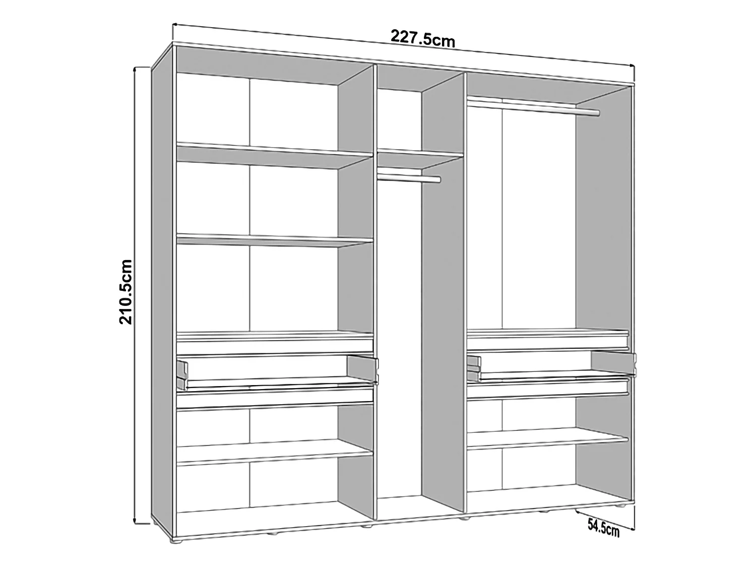 Großes Garderobe Ubud, 2 Schubladen, 228x211h cm Cremeweiß, Schlafzimmer Schrank, 7 Regale, Kleiderstange