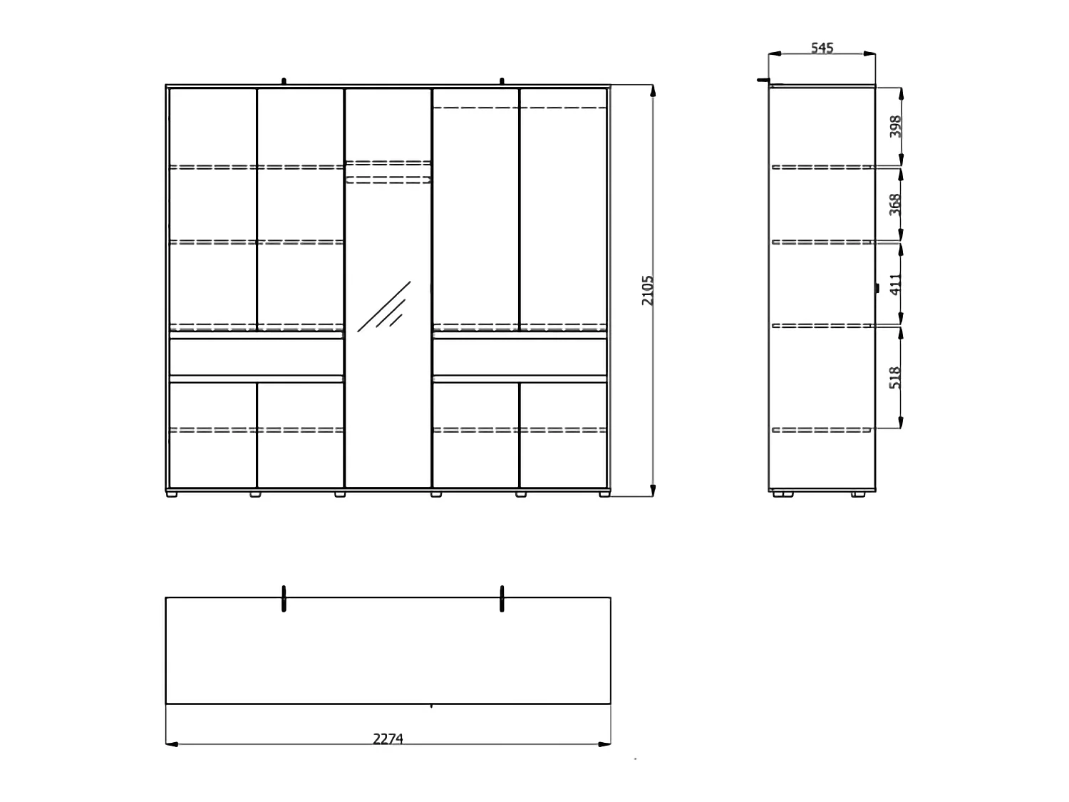 Großes Garderobe Ubud, 2 Schubladen, 228x211h cm Cremeweiß, Schlafzimmer Schrank, 7 Regale, Kleiderstange