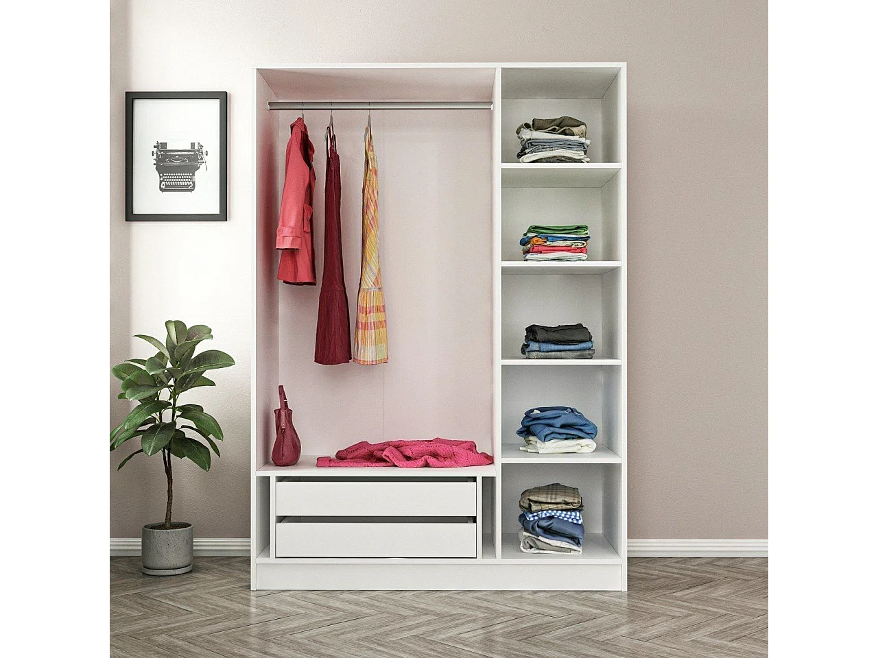 Guardaroba 3 Ante Gerrei, Appendiabiti, 135x52 cm Bianco, Armadio Camera da Letto, 5 Ripiani, 3 Ante