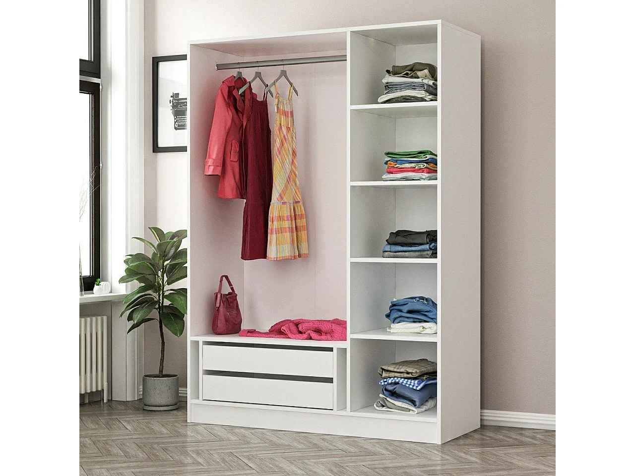 Guardaroba 3 Ante Gerrei, Appendiabiti, 135x52 cm Bianco, Armadio Camera da Letto, 5 Ripiani, 3 Ante