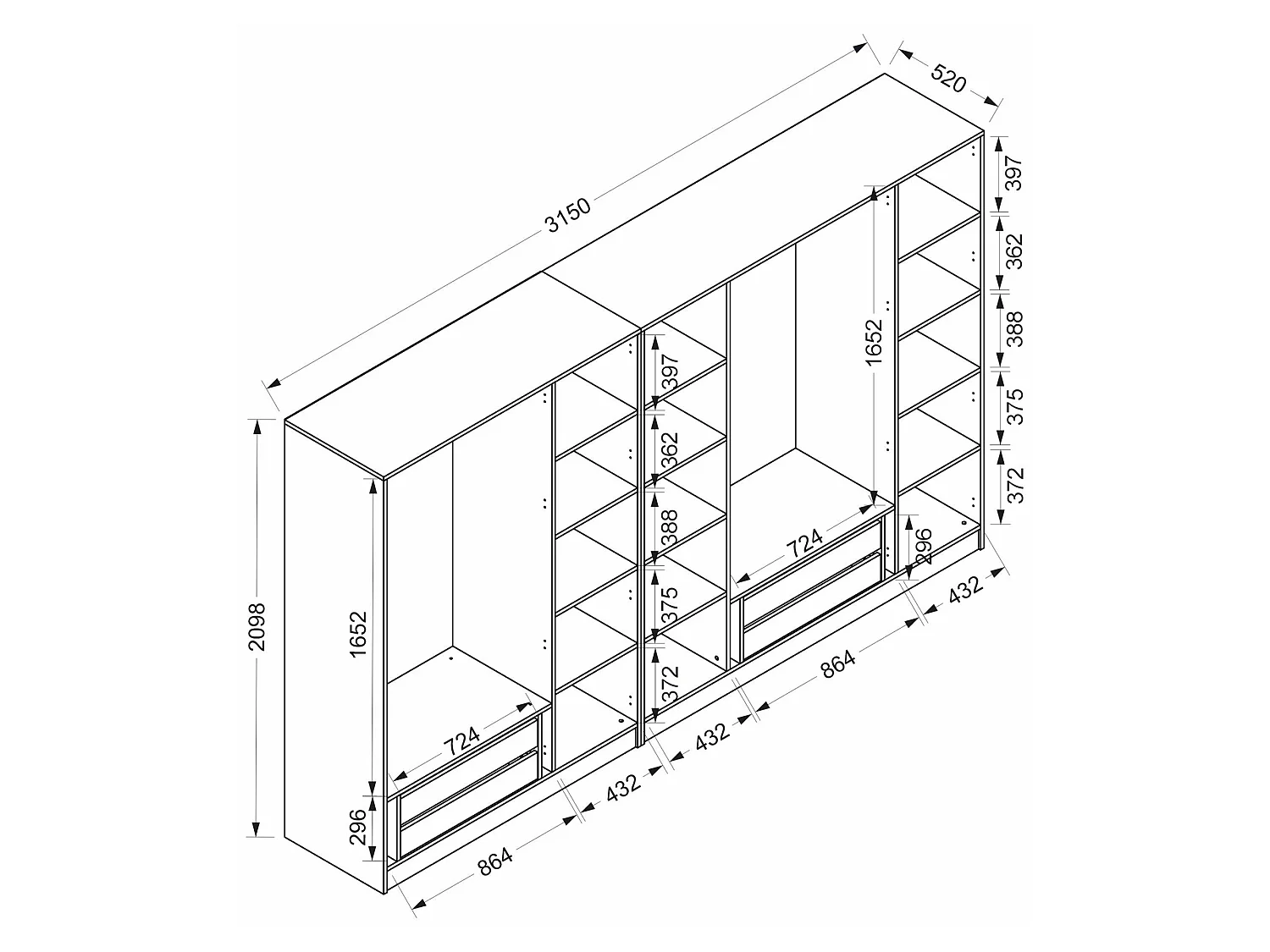 Guardaroba Grande Prunettos, Appendiabiti, 315x210h cm Nero Antracite, Armadio Camera da Letto, 14 Ripiani, 7 Ante