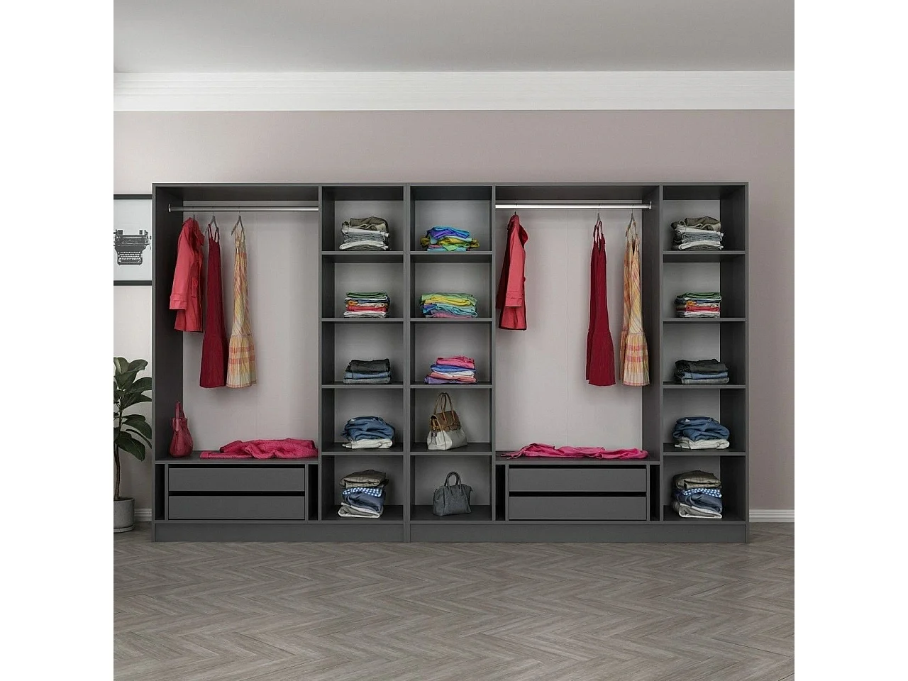 Guardaroba Grande Prunettos, Appendiabiti, 315x210h cm Nero Antracite, Armadio Camera da Letto, 14 Ripiani, 7 Ante