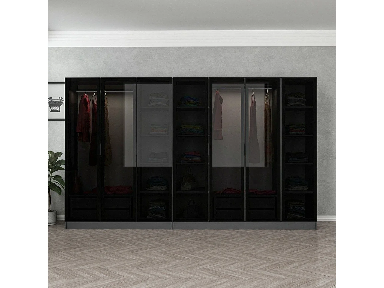 Guardaroba Grande Prunettos, Appendiabiti, 315x210h cm Nero Antracite, Armadio Camera da Letto, 14 Ripiani, 7 Ante