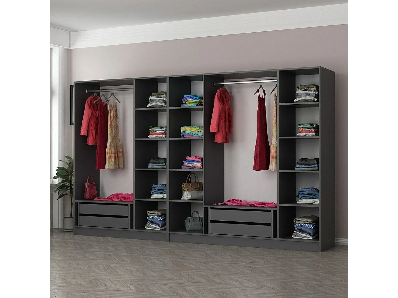 Guardaroba Grande Prunettos, Appendiabiti, 315x210h cm Nero Antracite, Armadio Camera da Letto, 14 Ripiani, 7 Ante