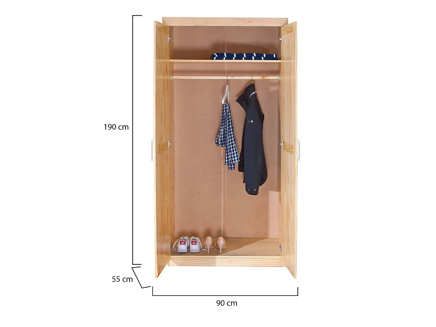 Kledingkast Terzorio met 2 deuren, kledingstang, 95x190h cm, bruin eiken, slaapkamerkast, 1 legplank, 2 deuren