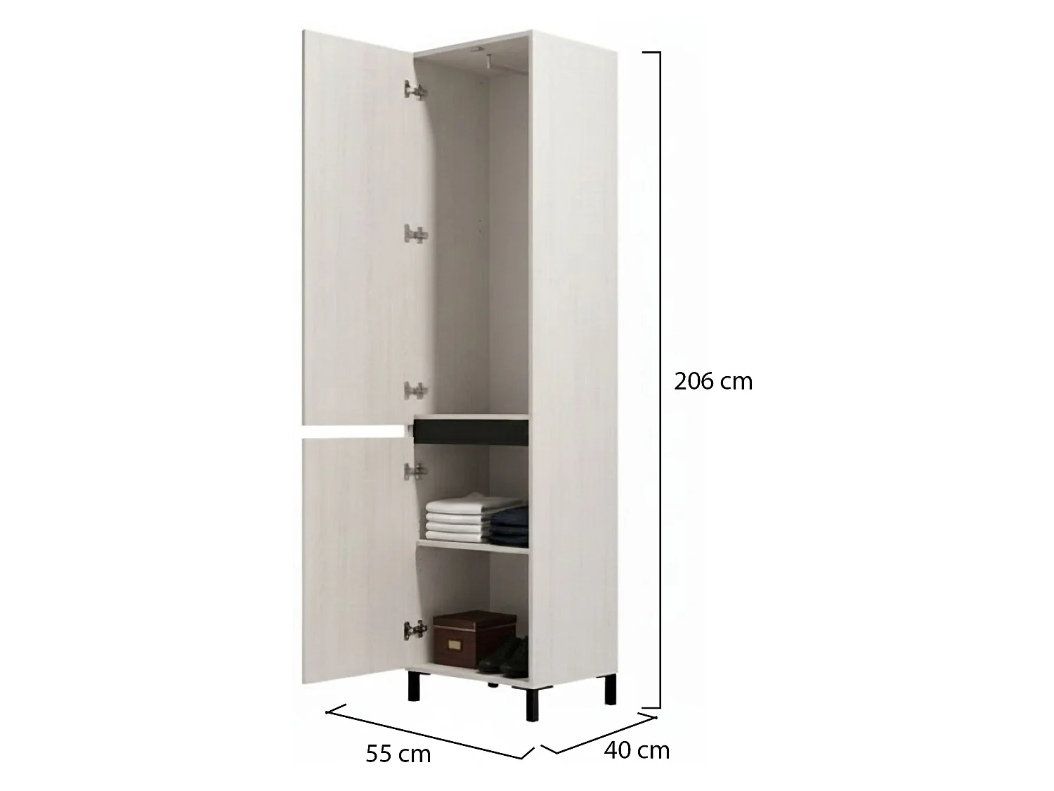 Kleiderschrank 2 Türen, mit Kleiderstange, 55x206h cm, Weiß, Schlafzimmer, 2 Einlegeböden, 3 Fächer