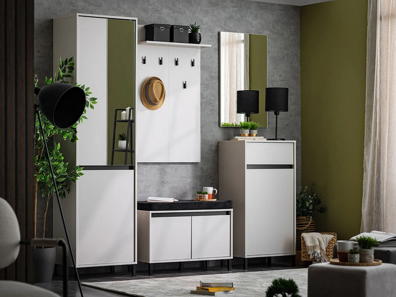 Kleiderschrank 2 Türen, mit Kleiderstange, 55x206h cm, Weiß, Schlafzimmer, 2 Einlegeböden, 3 Fächer